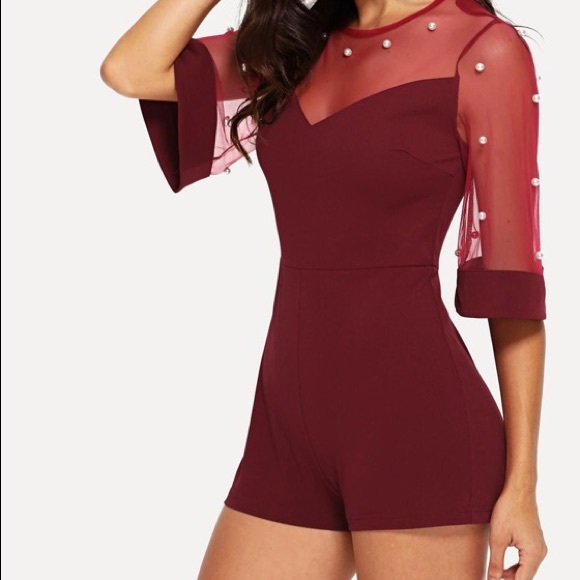 ✨✨JUST IN✨✨Burgundy Pearl Embellished Mesh Romper - Picture 3 of 3